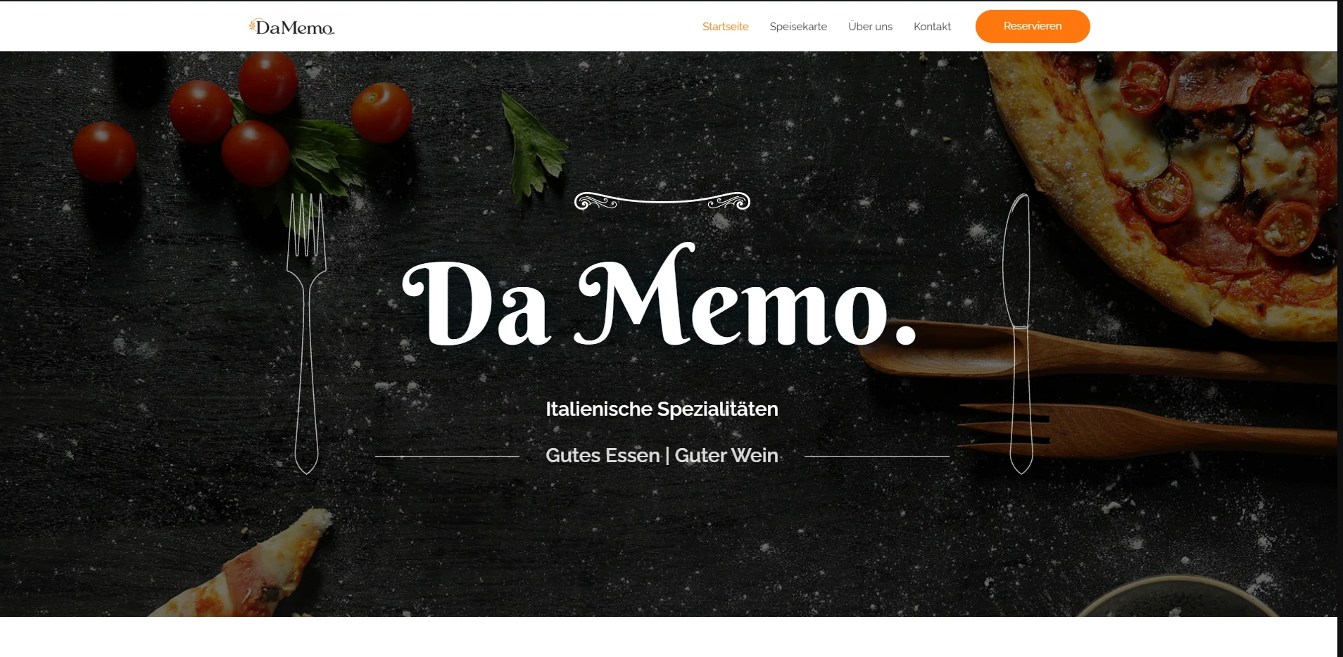 Website Da Memo mit italienischen Speisen auf dunklem Hintergrund