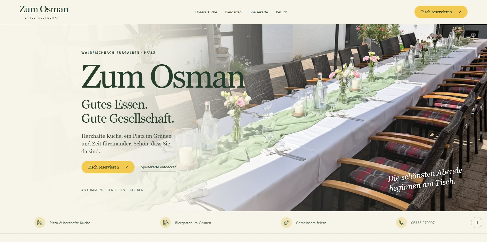 Website Zum Osman mit großzügigem Restaurantfoto und gelben Akzenten